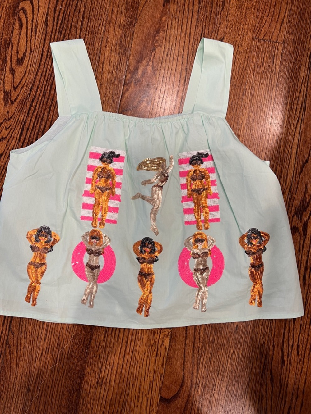 QUEEN OF SPARKLES Mint Green Embellished Tank Top with Pink and Gold Accents